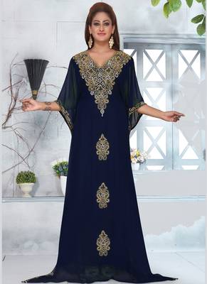 Blue embroidered georgette islamic-kaftans With Sun-proof hijab 1