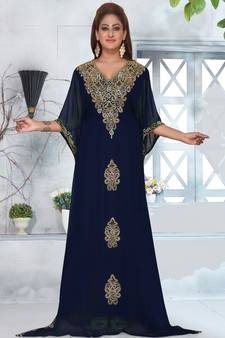 Blue embroidered georgette islamic-kaftans With Sun-proof hijab.