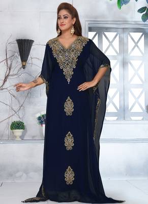 Blue embroidered georgette islamic-kaftans With Sun-proof hijab 2