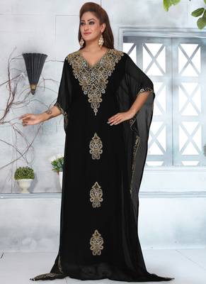 Black embroidered georgette islamic-kaftans With Sun-proof hijab 1