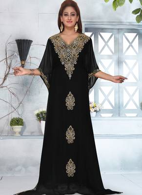 Black embroidered georgette islamic-kaftans With Sun-proof hijab 2