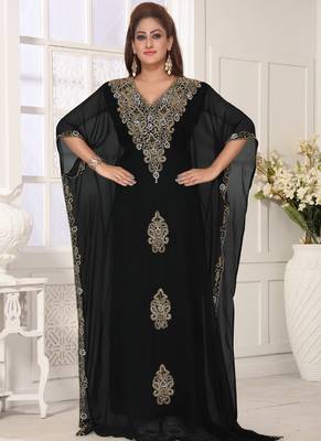 Black embroidered georgette islamic-kaftans With Sun-proof hijab 3