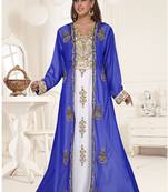 Blue embroidered georgette islamic-kaftans With Sun-proof hijab.