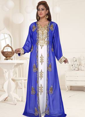 Blue embroidered georgette islamic-kaftans With Sun-proof hijab 3