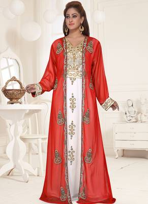 Red embroidered georgette islamic-kaftans With Sun-proof hijab 1