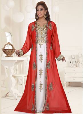 Red embroidered georgette islamic-kaftans With Sun-proof hijab 2