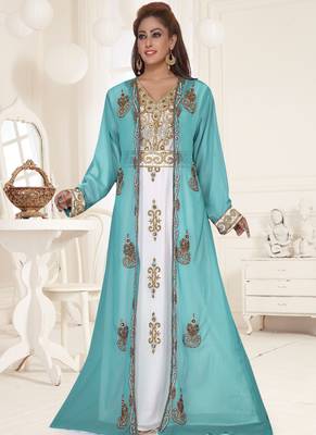 Turquoise embroidered georgette islamic-kaftans With Sun-proof hijab 1