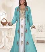 Turquoise embroidered georgette islamic-kaftans With Sun-proof hijab.