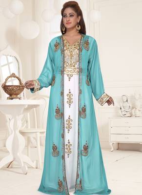 Turquoise embroidered georgette islamic-kaftans With Sun-proof hijab 2