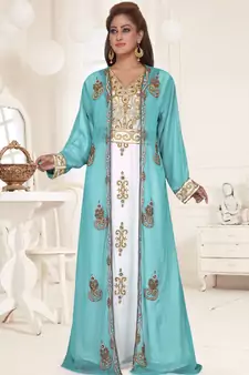 Turquoise embroidered georgette islamic-kaftans With Sun-proof hijab