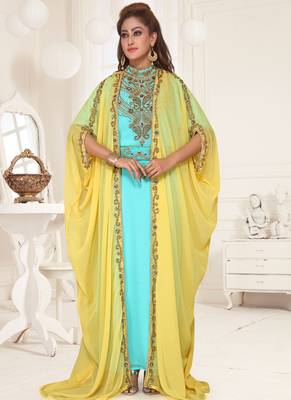 Yellow embroidered georgette islamic-kaftans 3