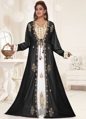 Black embroidered georgette islamic-kaftans With Sun-proof hijab 1