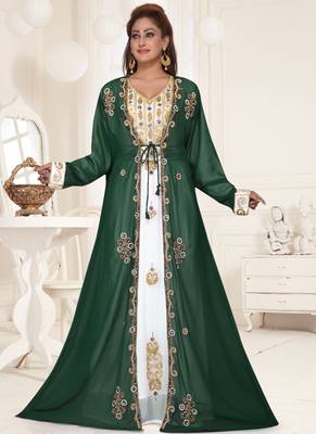 Green embroidered georgette islamic-kaftans With Sun-proof hijab 1
