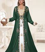 Green embroidered georgette islamic-kaftans With Sun-proof hijab