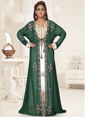 Green embroidered georgette islamic-kaftans With Sun-proof hijab 2