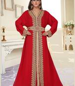 Red embroidered georgette islamic-kaftans With Sun-proof hijab