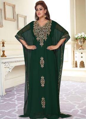 Green embroidered georgette islamic-kaftans With Sun-proof hijab 1