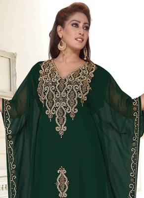 Green embroidered georgette islamic-kaftans With Sun-proof hijab 2