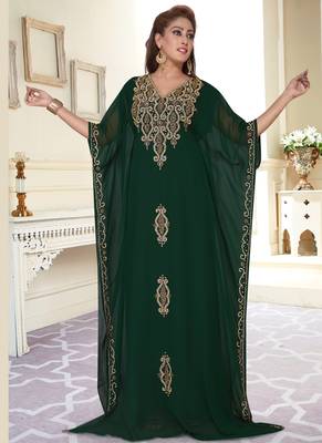 Green embroidered georgette islamic-kaftans With Sun-proof hijab 3