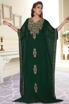 Green embroidered georgette islamic-kaftans With Sun-proof hijab