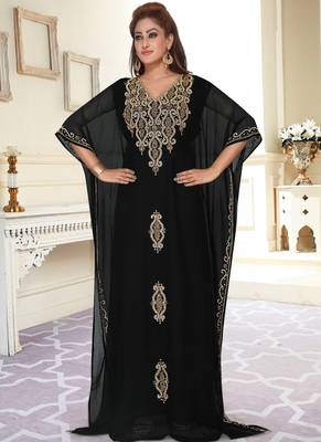 Black embroidered georgette islamic-kaftans With Sun-proof hijab 1