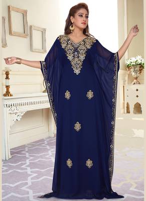 Blue embroidered georgette islamic-kaftans With Sun-proof hijab 1