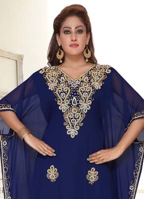 Blue embroidered georgette islamic-kaftans With Sun-proof hijab 2