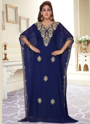 Blue embroidered georgette islamic-kaftans With Sun-proof hijab 3