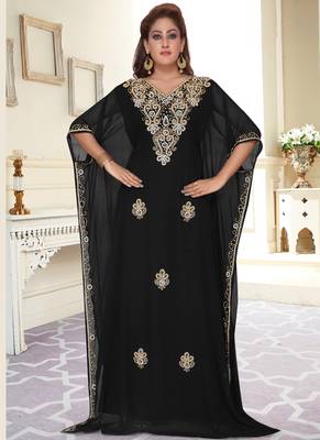 Black embroidered georgette islamic-kaftans With Sun-proof hijab 1