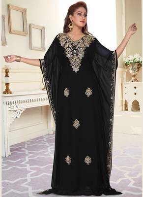 Black embroidered georgette islamic-kaftans With Sun-proof hijab 2