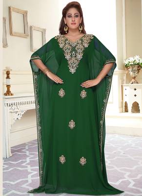 Green embroidered georgette islamic-kaftans With Sun-proof hijab 1