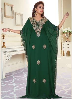 Green embroidered georgette islamic-kaftans With Sun-proof hijab 2