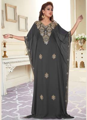 Grey embroidered georgette islamic-kaftans With Sun-proof hijab 1