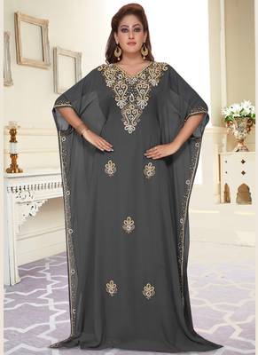 Grey embroidered georgette islamic-kaftans With Sun-proof hijab 2