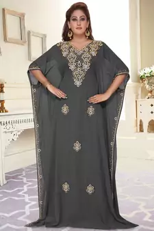 Grey embroidered georgette islamic-kaftans With Sun-proof hijab