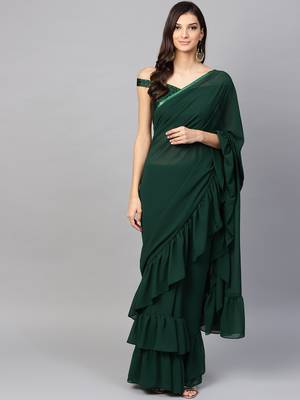 Bottle Green Colored Georgette Designer Ruffle Saree 1