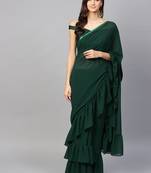 Bottle Green Colored Georgette Designer Ruffle Saree