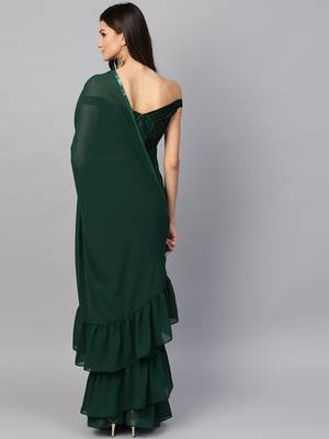 Bottle Green Colored Georgette Designer Ruffle Saree 2