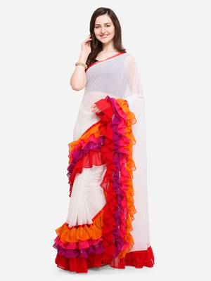 Multicolored Georgette Designer Ruffle Saree 3