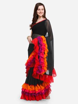 Black Colored Georgette Designer Ruffle Saree 1