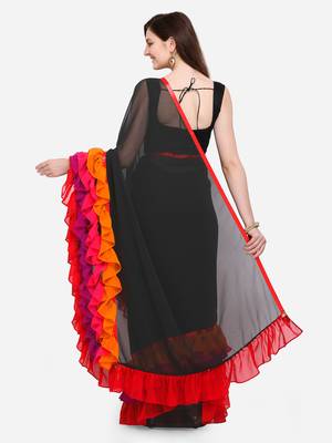 Black Colored Georgette Designer Ruffle Saree 2