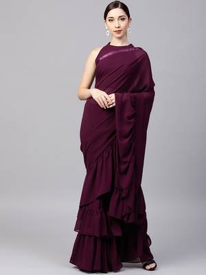Wine Colored Georgette Plain Designer Ruffle Saree 1