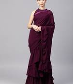 Wine Colored Georgette Plain Designer Ruffle Saree