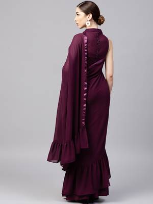 Wine Colored Georgette Plain Designer Ruffle Saree 2