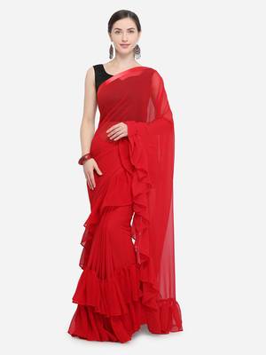 Red Color Georgette Plain Designer Ruffle Saree 1