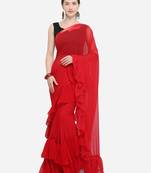 Red Color Georgette Plain Designer Ruffle Saree