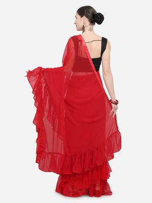 Red Color Georgette Plain Designer Ruffle Saree 2