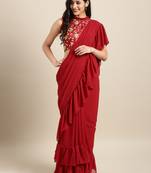 Red Colored Georgette Designer Ruffle Saree
