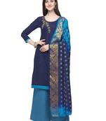 Blissta Women's Navy Blue & Sky Blue Slub Cotton Handwork Dress Material With Banarasi Dupatta