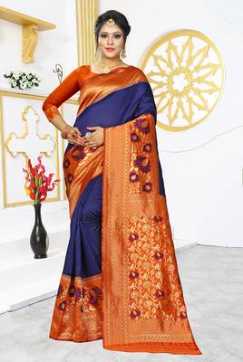 Blue woven banarasi art silk saree with blouse 1